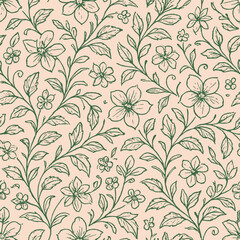 Hand-drawn seamless floral pattern in green line art, featuring detailed flowers and foliage with a delicate vintage charm.