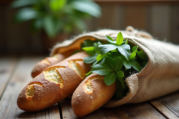 Untied jute bag with fresh baguette and greens on wooden surface, AI-generated