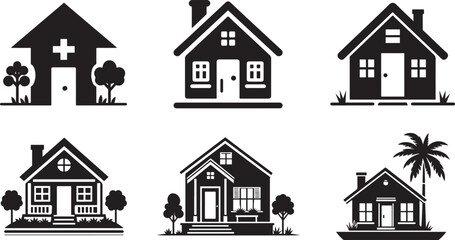 Stylized home icon set in black and white for modern property and housing themes