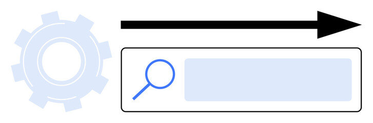 Obraz premium Gear symbolizing process, magnifying glass over search bar for investigation, arrow for strategy. Ideal for technology, workflow, analytics, research, navigation, direction simple landing page