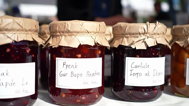 Rows of homemade jam jars with kraft paper tops and handwritten labels