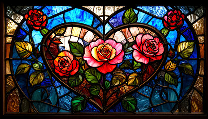Stained glass window with a heart and rose design