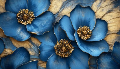 Bold, textured blooms in deep blue and gold, detailed petals on a sandy background