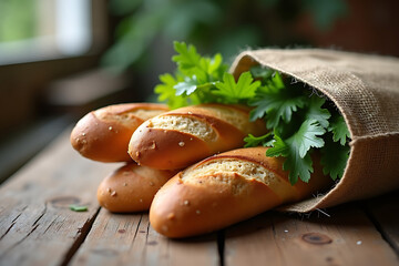 Crusty baguette and greens in jute bag on rustic wood table, AI-generated