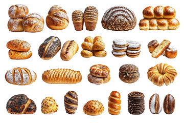 Assorted Types of Freshly Baked Bread Including Loaves, Rolls, Buns, and Croissants in Various Styles and Textures on a White Background