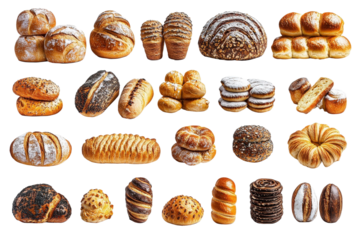 Assorted Types of Freshly Baked Bread Including Loaves, Rolls, Buns, and Croissants in Various Styles and Textures on a White Background