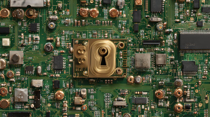 A close up of a green circuit board with a gold keyhole in the center of the image plane