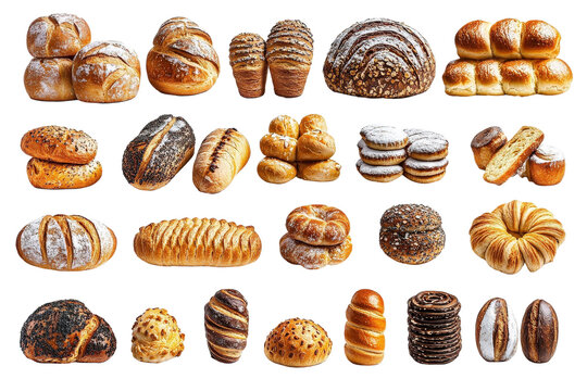 Assorted Types of Freshly Baked Bread Including Loaves, Rolls, Buns, and Croissants in Various Styles and Textures on a White Background - Powered by Adobe