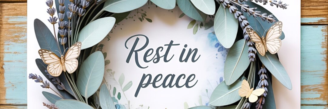 Rest in peace message surrounded by a wreath of leaves lavender and butterflies on wood background