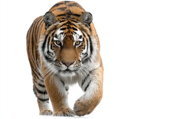 Obraz premium A tiger with orange and black stripes is walking directly towards the viewer on a white background