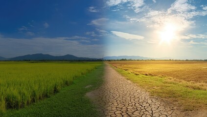 A split view of rice paddy, day and night