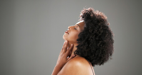 Beauty, woman and pride for skincare in studio with hydration results, makeup and natural glow....