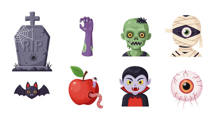 Fototapeta premium Collection of halloween themed cartoon images including a tombstone and various monsters and creatures