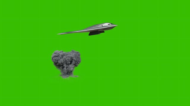 B2 Spirit Bomber Drops Massive  bunker buster missile with green background 