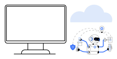 Robot performing multitasking with cloud connection next to a large monitor. Ideal for automation, AI systems, cloud computing, technology, data processing, innovation, digital solutions, simple flat
