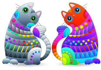 Fototapeta premium Set of stained glass illustrations with cute bright cats, isolated animals on a white background