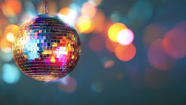 Colorful disco ball in a blurred background of party lights