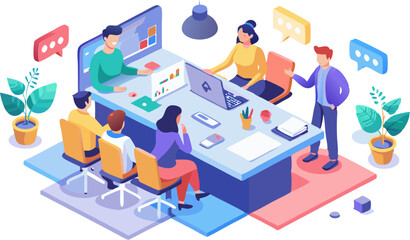 Flat design graphic of an office brainstorming session: a team gathered around a table covered in sticky notes and a laptop projecting an infographic (isometric, 16:9) with white background..