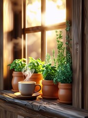Fototapeta premium Morning Serenity Herbal Aromas and Steaming Coffee by the Window