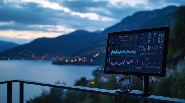 Data analysis screen with mountain lake view at dusk.
