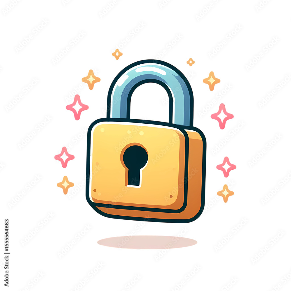 Poster unlocking digital security cartoon padlock illustration for web and app design on transparent backgr