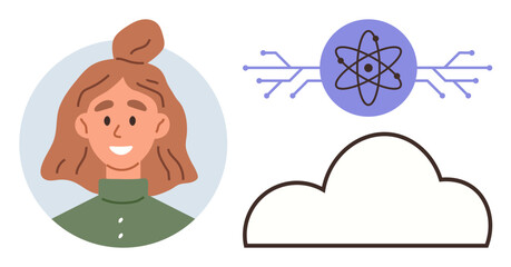 Smiling woman, atomic structure with circuits symbolizing science and technology, and a cloud outline. Ideal for AI, innovation, tech, education, cloud computing, scientific research simple flat
