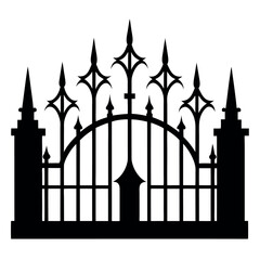 Gothic style wrought iron fence with pointed arches, intricate detailing, sharp spires, vintage silhouette, dramatic black cast iron, isolated on white.