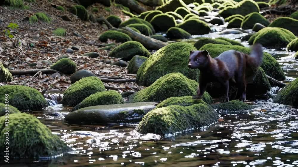 Poster a serene forest stream with moss-covered rocks and a small animal. low-angle video captures dappled 