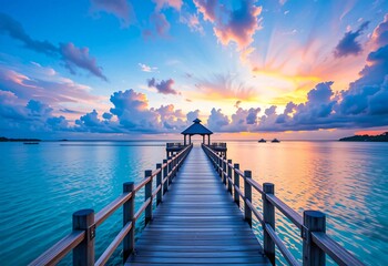 Fototapeta premium Serene Sunset Over Pier With Scenic Ocean Horizon and Vibrant Clouds