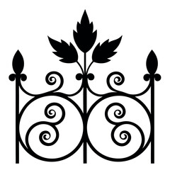 Ornamental cast iron fence with scrollwork and leaf motifs, delicate hand-forged curves, vintage black silhouette, white background, traditional metalwork.