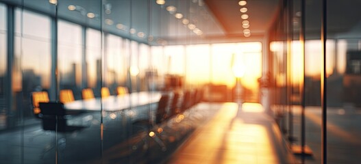 Blurry sunset view of a modern office hallway