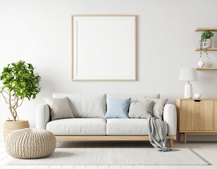 mock up poster frame in modern interior background, living room, Scandinavian style, 3D render, 3D illustration