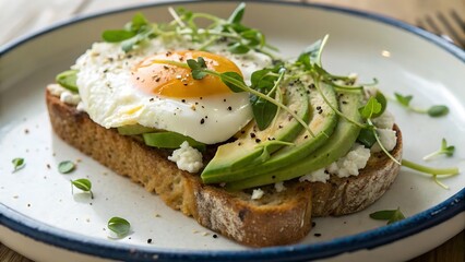 A fried egg and avocado toast garnished with sprouts sits on a white plate