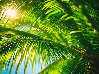 Naklejka premium Palm tree leaves close-up with sunlight filtering through, bright summer atmosphere
