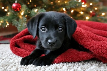 Black puppy under red blanket by Christmas tree