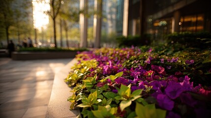 Flowers bloom at city plaza, with buildings and people blurred in the background