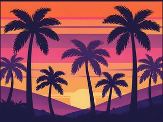 Retro-style poster background with illustrated palm trees and sunset gradient