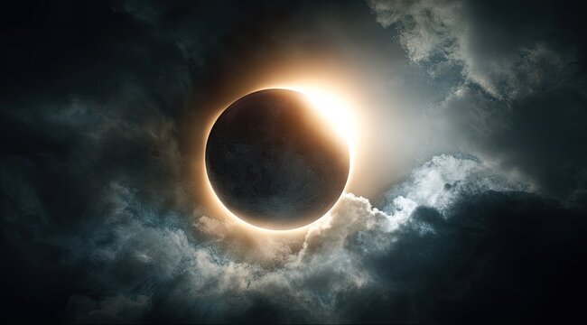 Dramatic solar eclipse, dark clouds