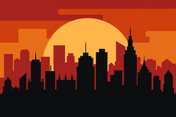 USA city skylines at sunset, featuring Los Angeles and Seattle, in a black silhouette vector illustration