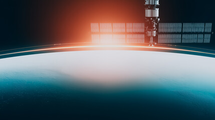 Satellite Orbiting Earth: A satellite orbits Earth against the backdrop of sun, symbolizing technology, exploration, and our connection to the cosmos.