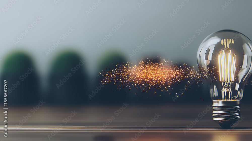 Poster idea sparks: a luminous light bulb radiates a burst of innovation, set against a blurred, soft backd
