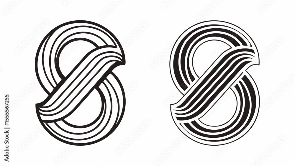 Poster two stylized letter s logos with multiple lines creating depth and visual interest in black and whit