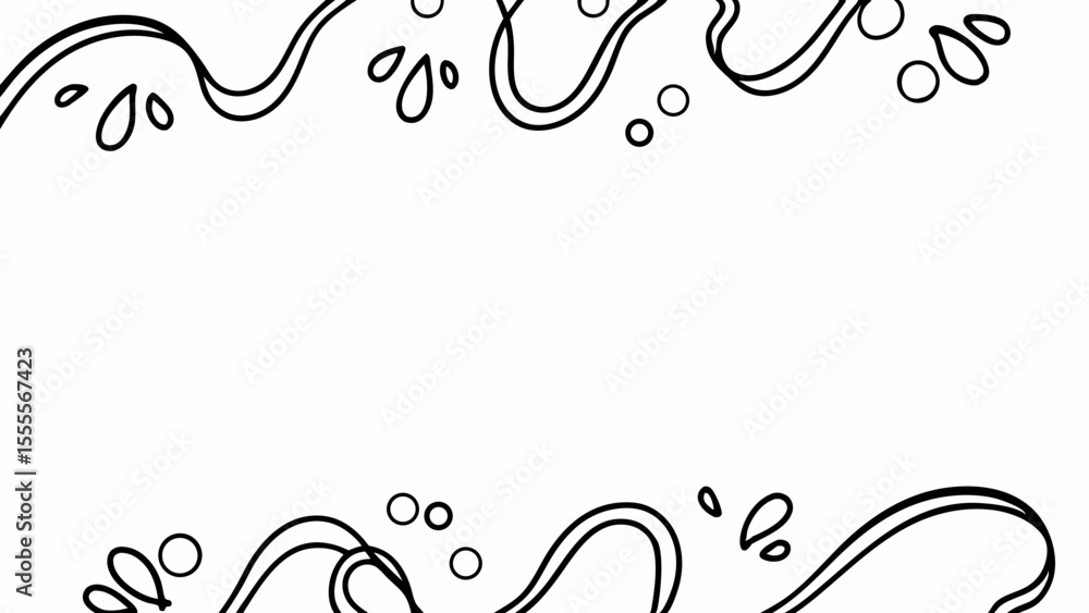Poster wavy lines with droplet shapes scattered above and below a blank space in a black and white drawing 