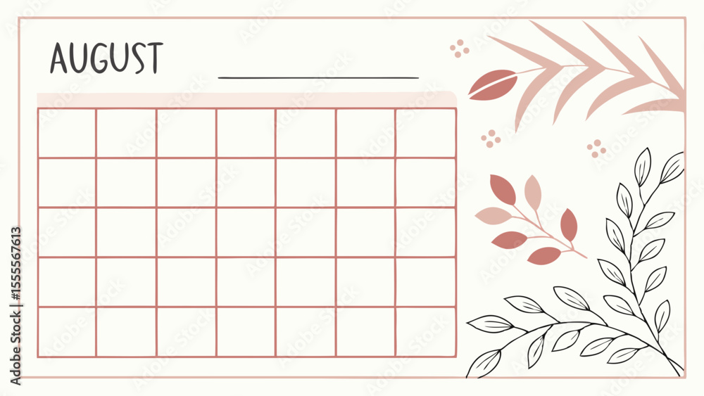Aufkleber august calendar layout with grid and floral decorations in soft pink and black color palette design 