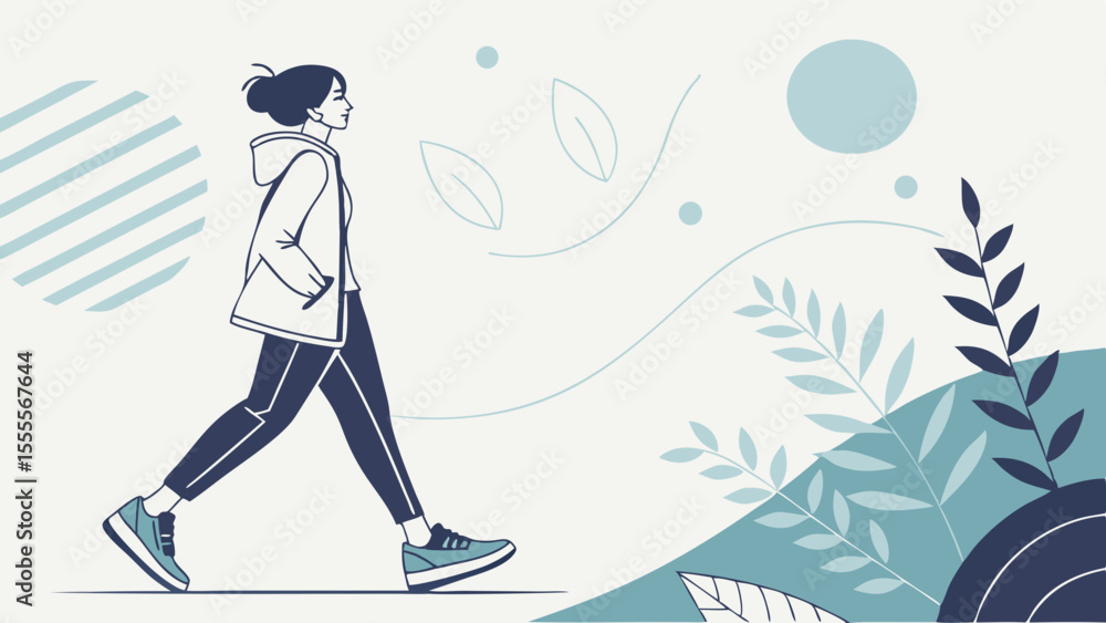 Poster woman in casual clothes walking with botanical and geometric background elements in soft color palet