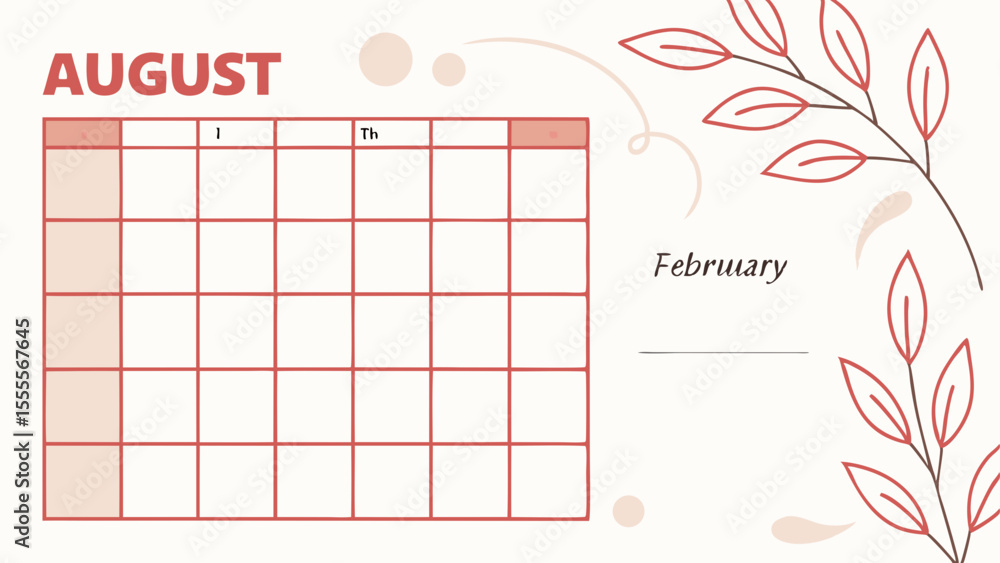 Aufkleber august calendar with february text and leaf design on a light background for planning and scheduling