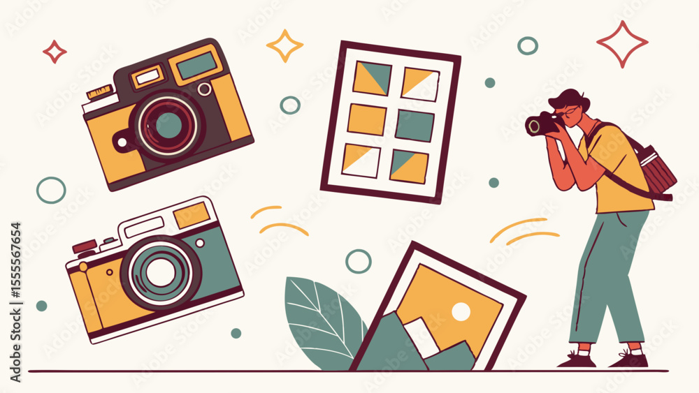 Poster a photographer taking pictures with floating cameras and photos in a creative composition style crea