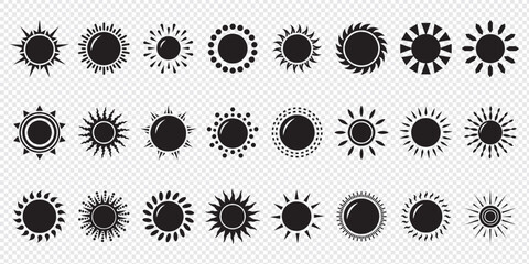 Sun icon set. Vector flat design. Collection of sun stars for use in as logo or weather icon. Yellow suns circles, bright natural lighting objects.