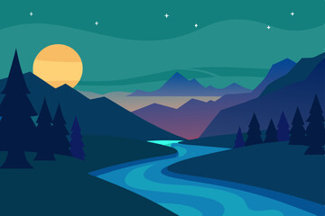 Obraz premium Winter mountain landscape at dawn with snow-covered trees, blue sky, and a misty horizon