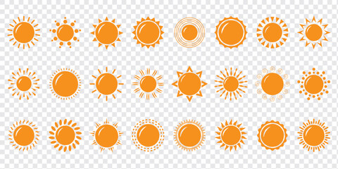 Sun vector illustration set in yellow color. Sun icon set. Yellow sun icons. Sunset icon collection. Yellow sun star icons. Solar energy. Vector illustration